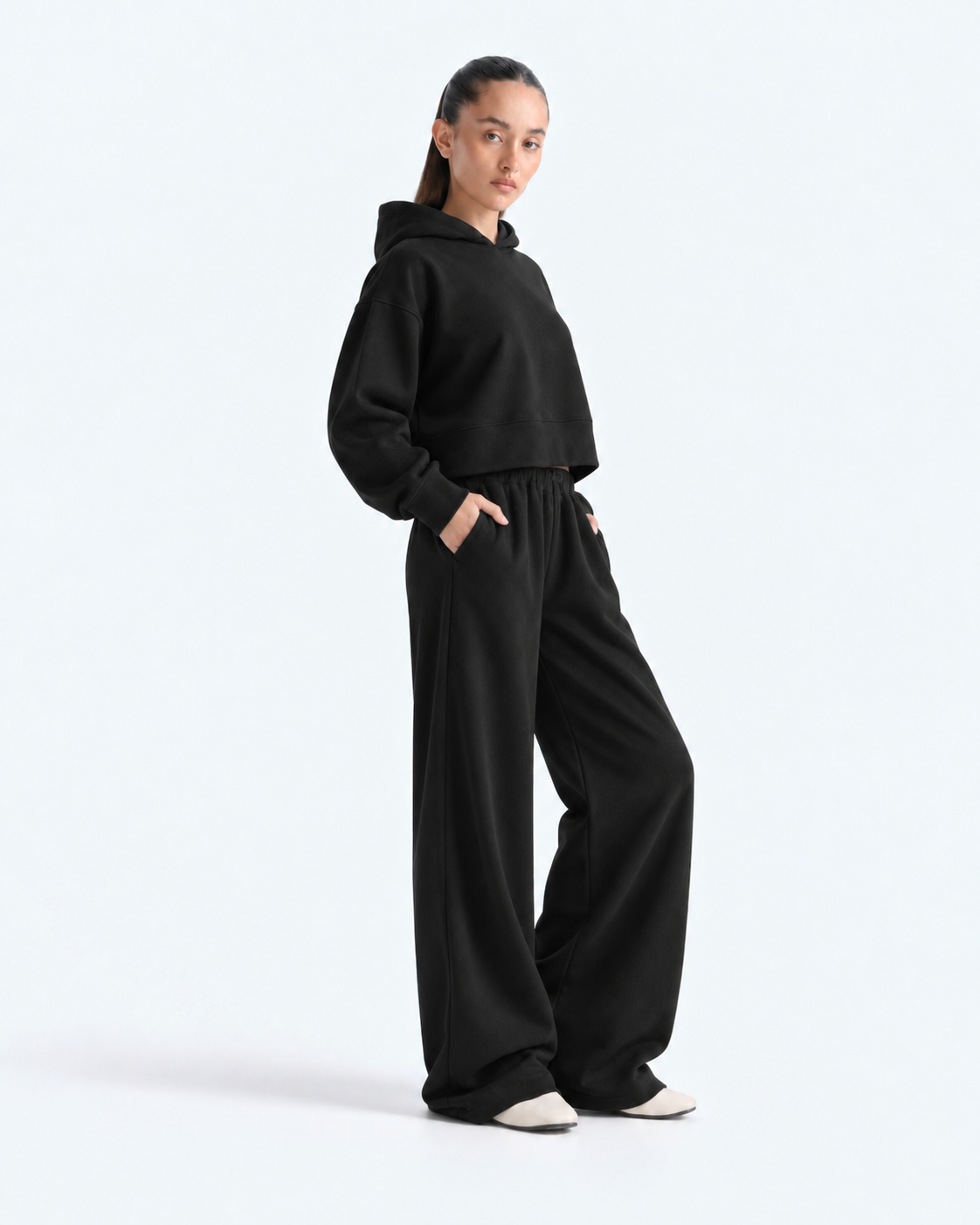 Oversized Cropped Hoodie Tracksuit - Black
