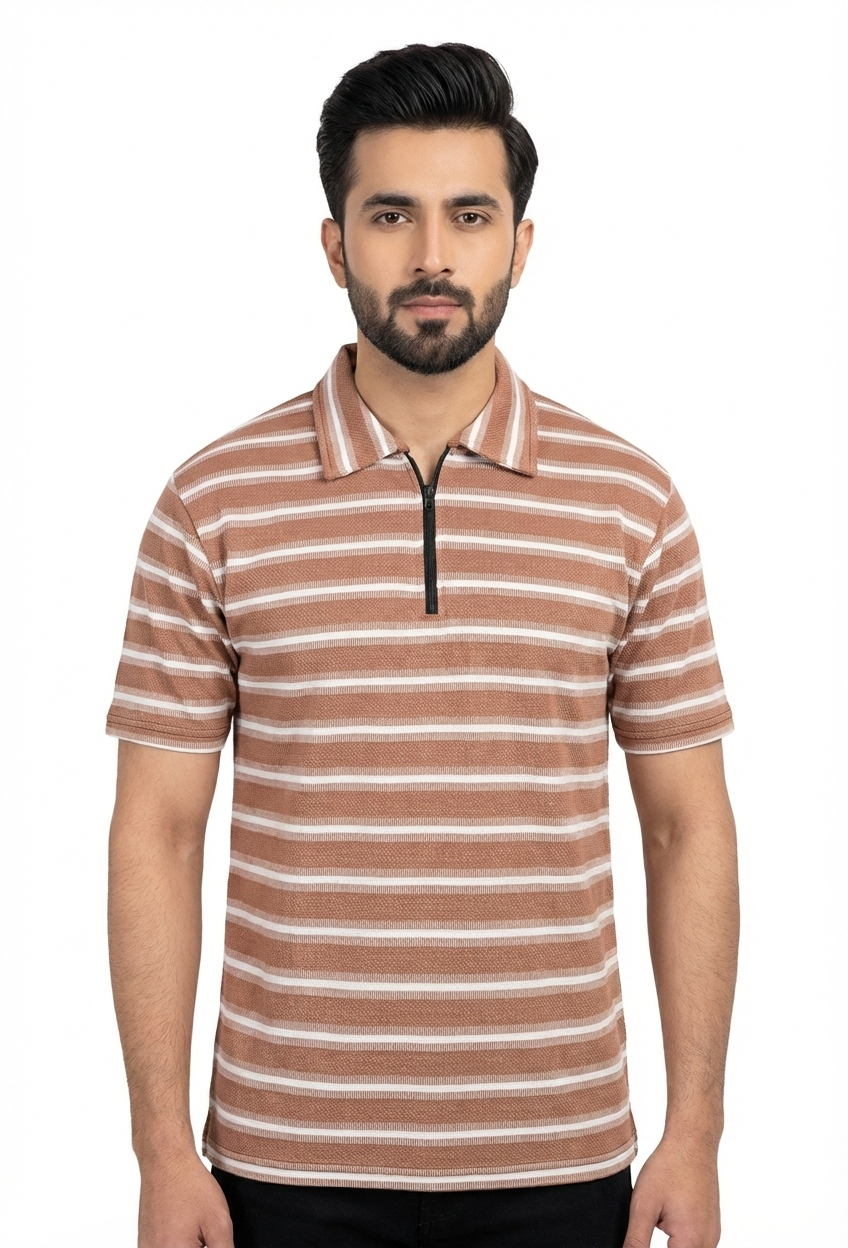 Mocha Line Zip Polo - Pink