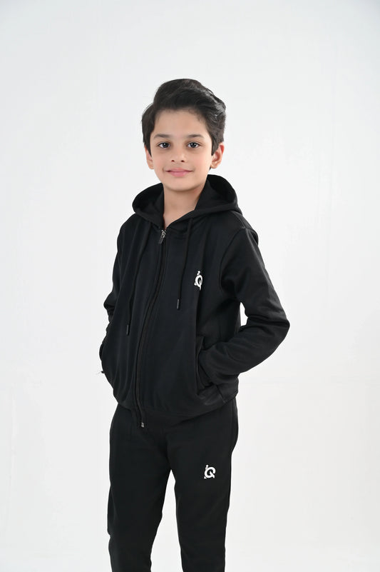 Sleek Black Full-Zip Tracksuit-Unisex Kids