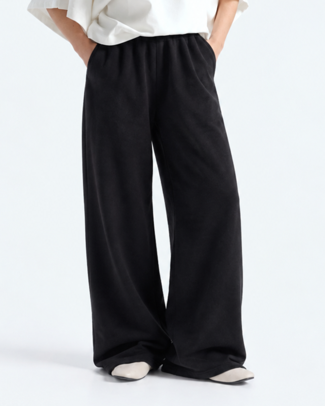 Wide Leg Fleece Trouser - Black