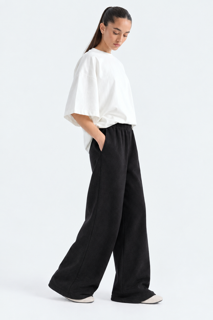 Wide Leg Fleece Trouser - Black