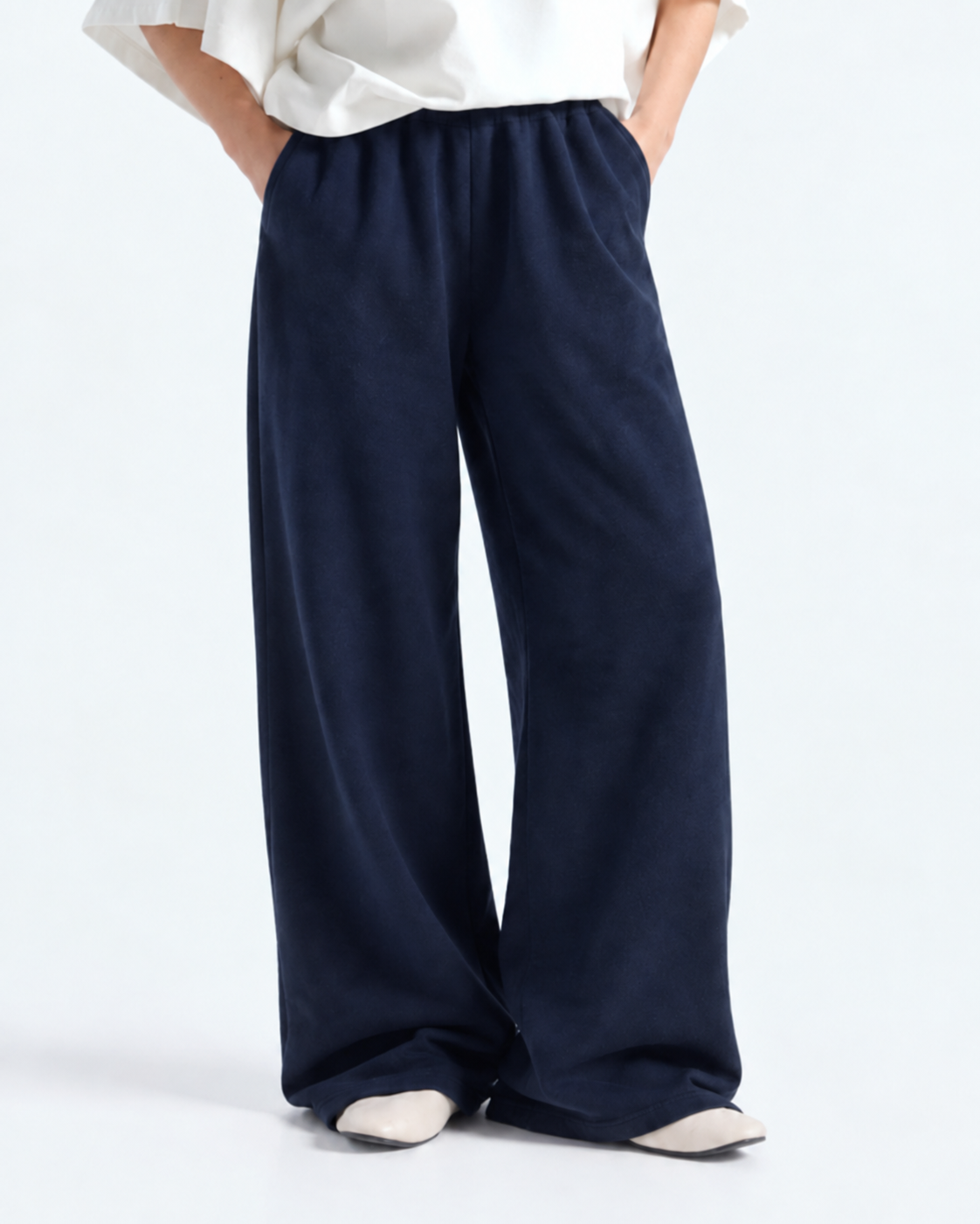 Wide Leg Fleece Trouser - Navy