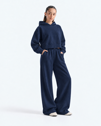 Oversized Cropped Hoodie Tracksuit - Navy
