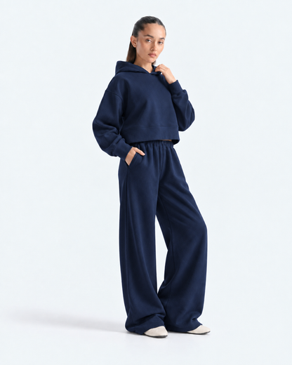 Oversized Cropped Hoodie Tracksuit - Navy