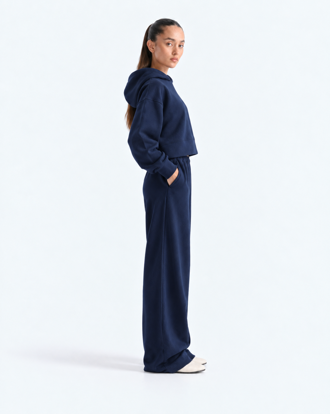 Oversized Cropped Hoodie Tracksuit - Navy
