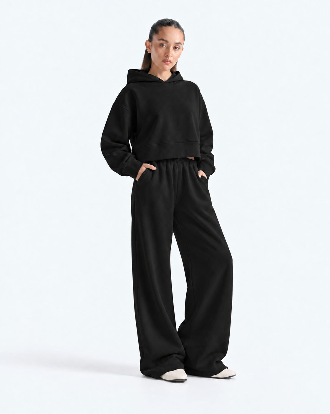 Oversized Cropped Hoodie Tracksuit - Black