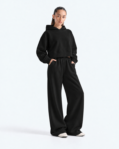 Oversized Cropped Hoodie Tracksuit - Black