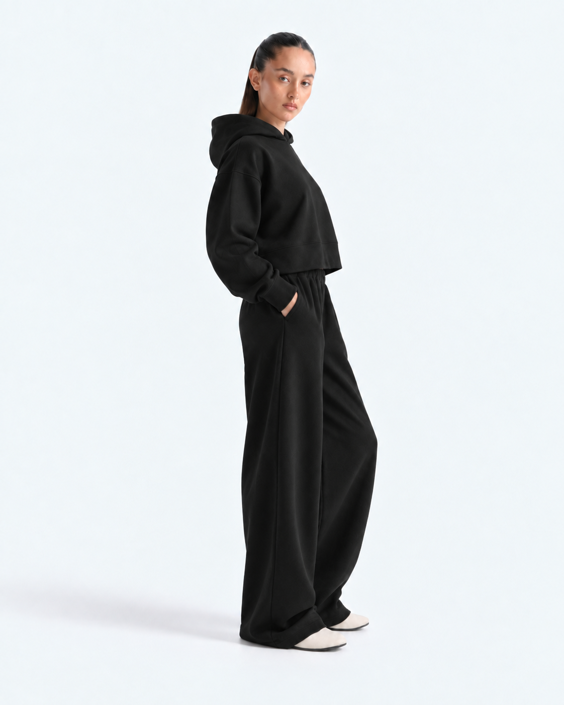 Oversized Cropped Hoodie Tracksuit - Black