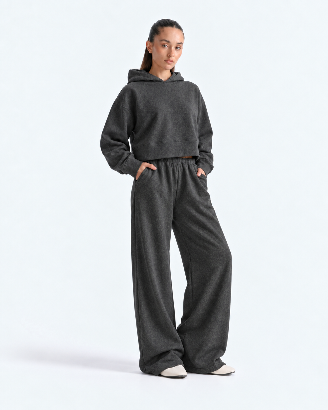 Oversized Cropped Hoodie Tracksuit - Charcoal Grey