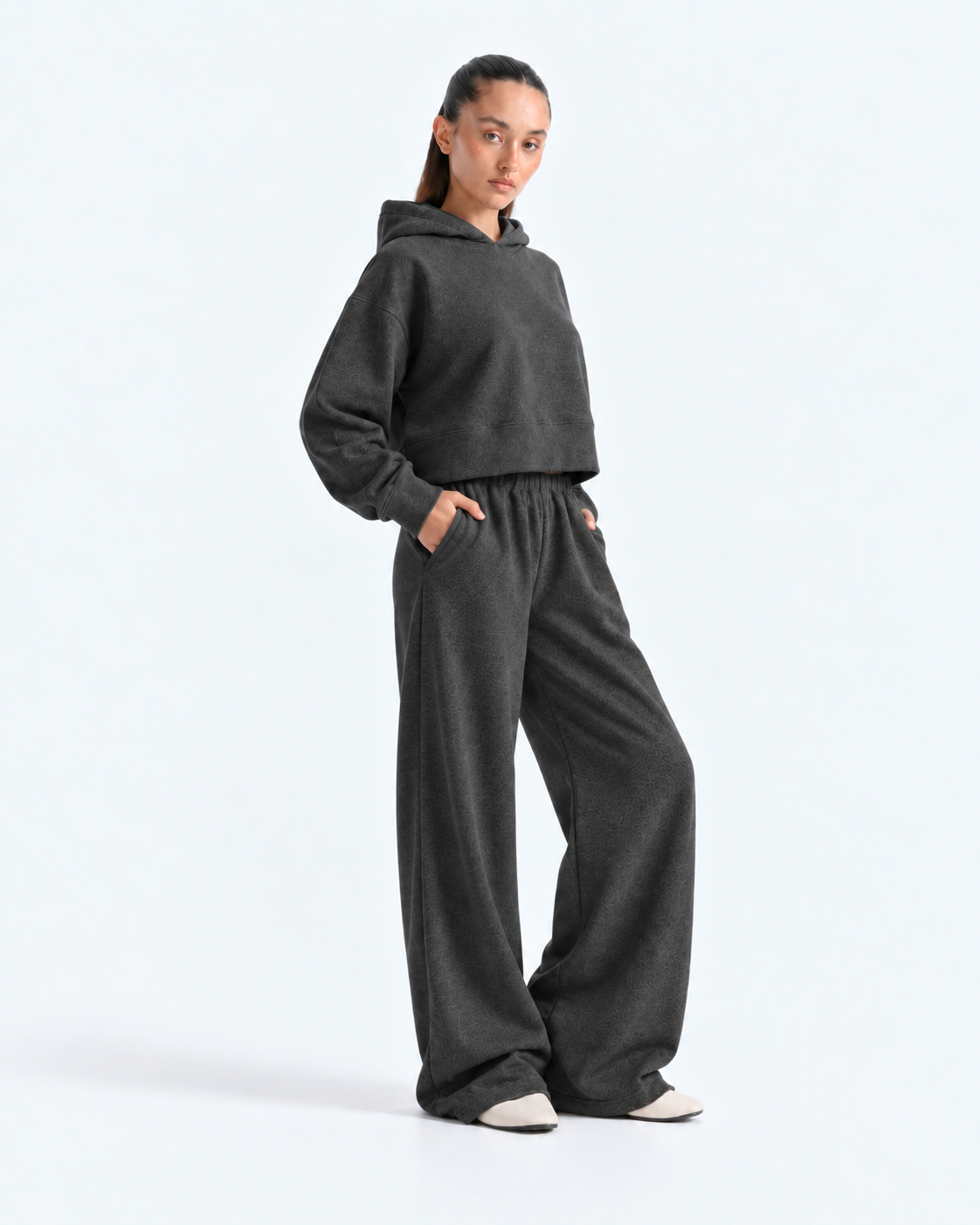 Oversized Cropped Hoodie Tracksuit - Charcoal Grey