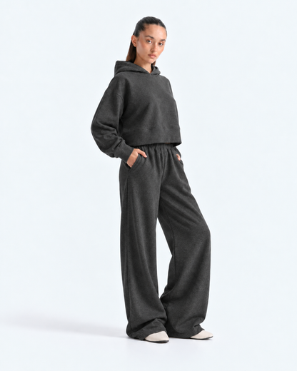 Oversized Cropped Hoodie Tracksuit - Charcoal Grey