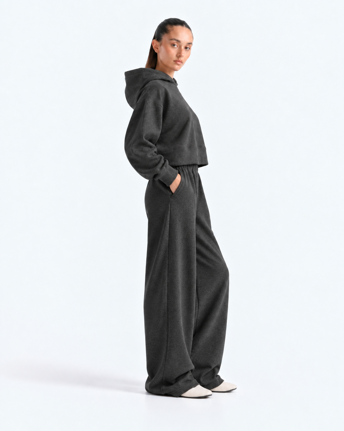 Oversized Cropped Hoodie Tracksuit - Charcoal Grey