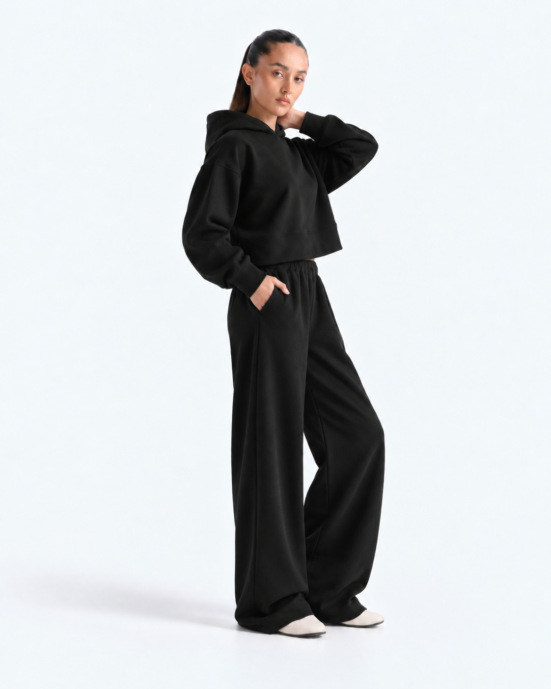 Oversized Cropped Hoodie Tracksuit - Black