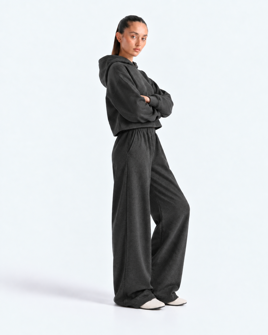 Oversized Cropped Hoodie Tracksuit - Charcoal Grey