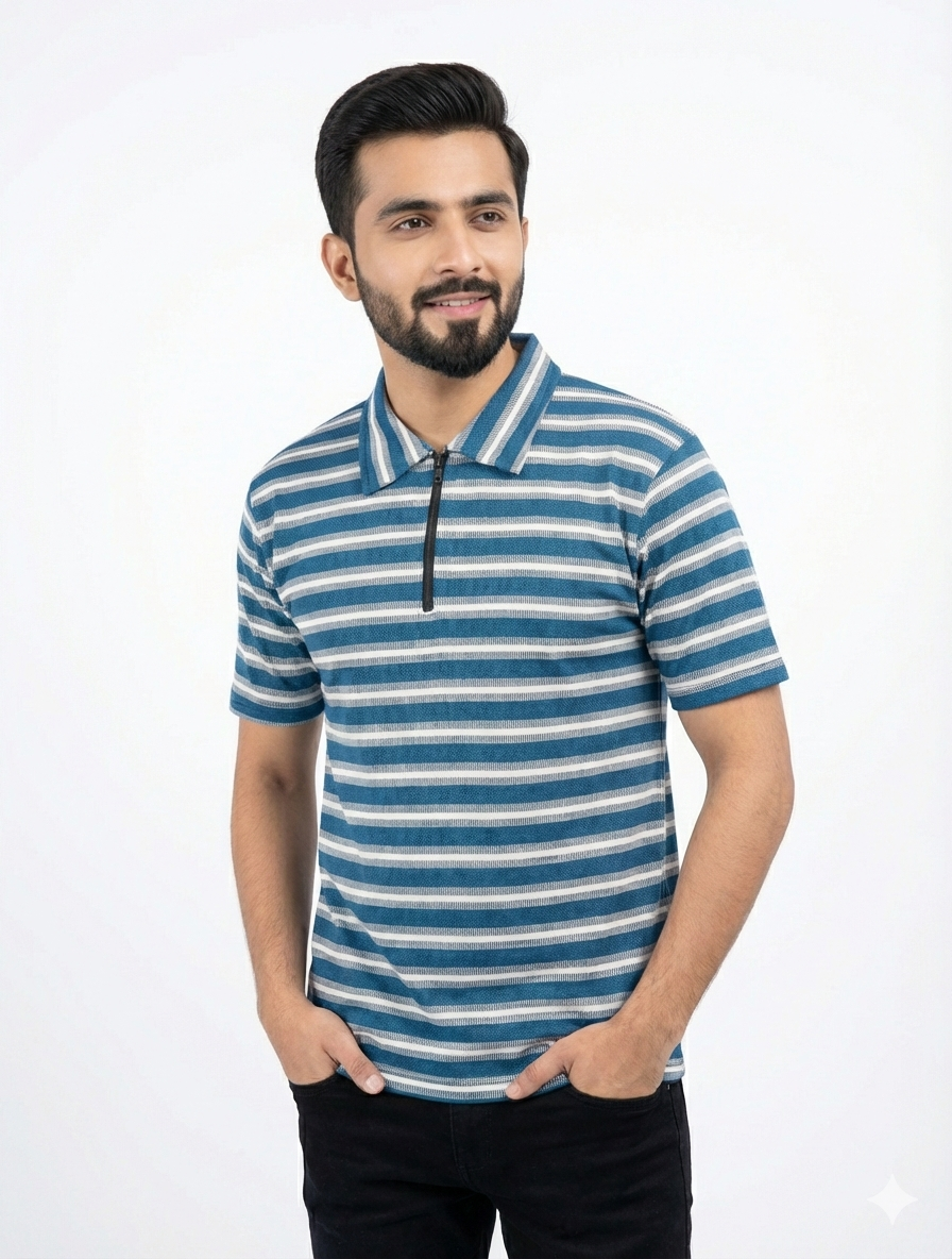 Mocha Line Zip Polo - Blue
