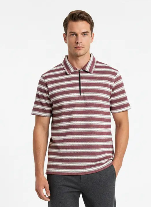 Mocha Line Zip Polo - Maroon