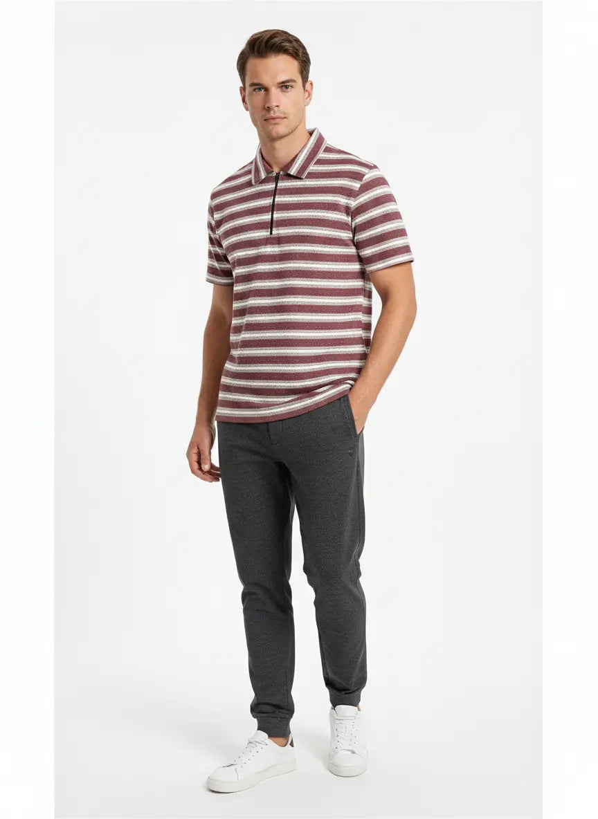 Mocha Line Zip Polo - Maroon