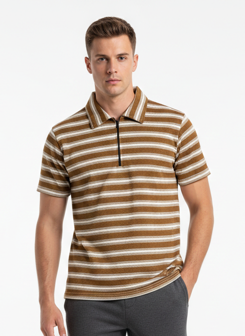 Mocha Line Zip Polo - Brown